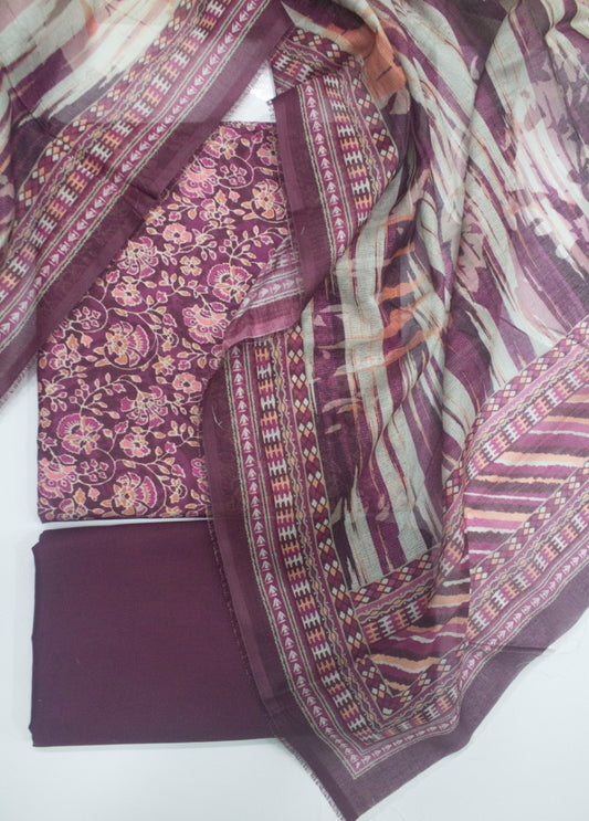 3 Piece Printed Plum Color Unstitched Suit
