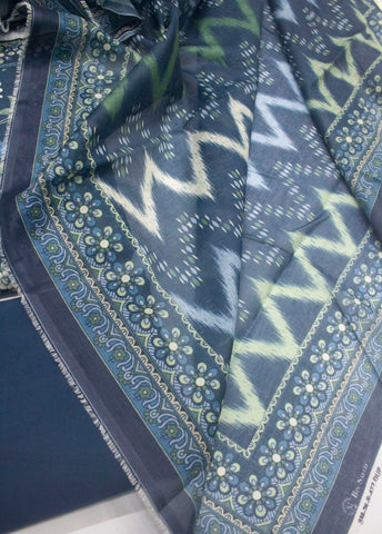 3 Piece Printed Navy Blue Color Unstitched Suit