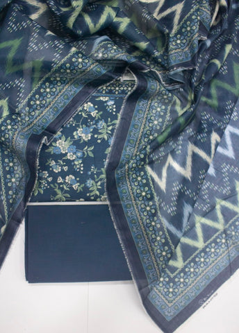 3 Piece Printed Navy Blue Color Unstitched Suit