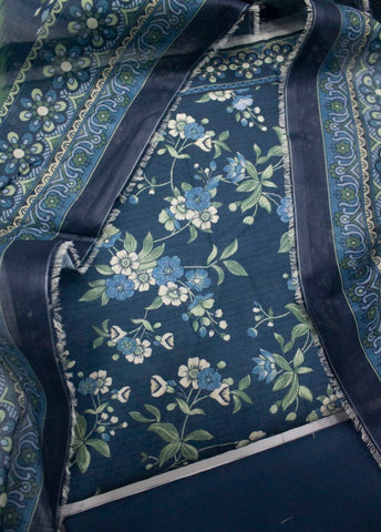3 Piece Printed Navy Blue Color Unstitched Suit