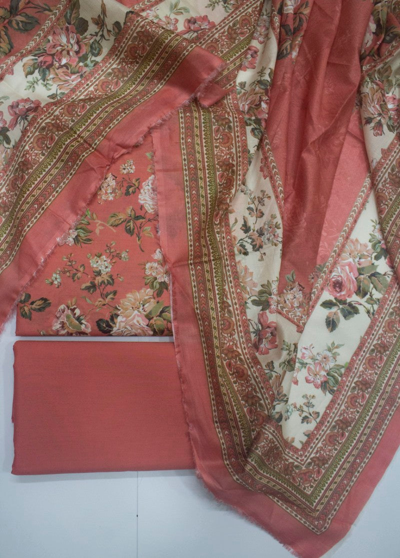 3 Piece Printed Peonny Peach Color Unstitched Suit