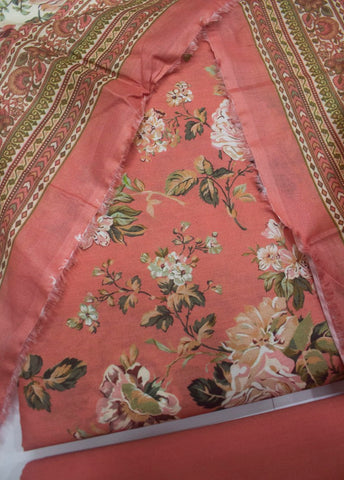3 Piece Printed Peonny Peach Color Unstitched Suit