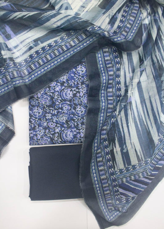 3 Piece Printed Black & Blue Color Unstitched Suit
