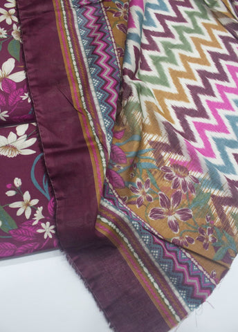 3 Piece Printed Margenta Color Unstitched Suit
