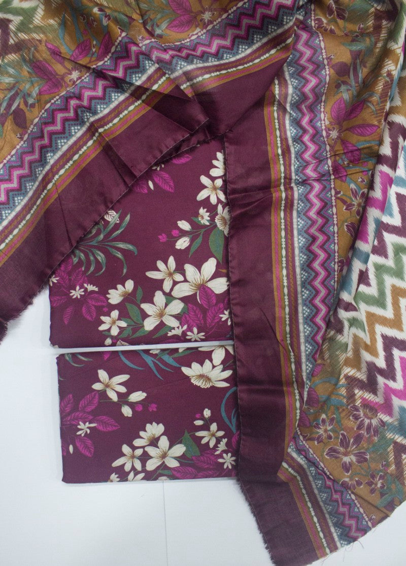 3 Piece Printed Margenta Color Unstitched Suit