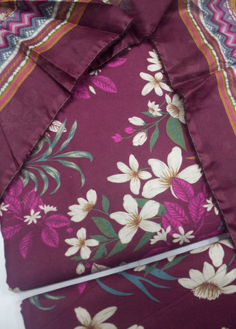 3 Piece Printed Margenta Color Unstitched Suit