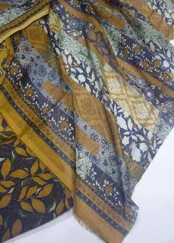 3 Piece Printed Mustard & Blue Color Unstitched Suit