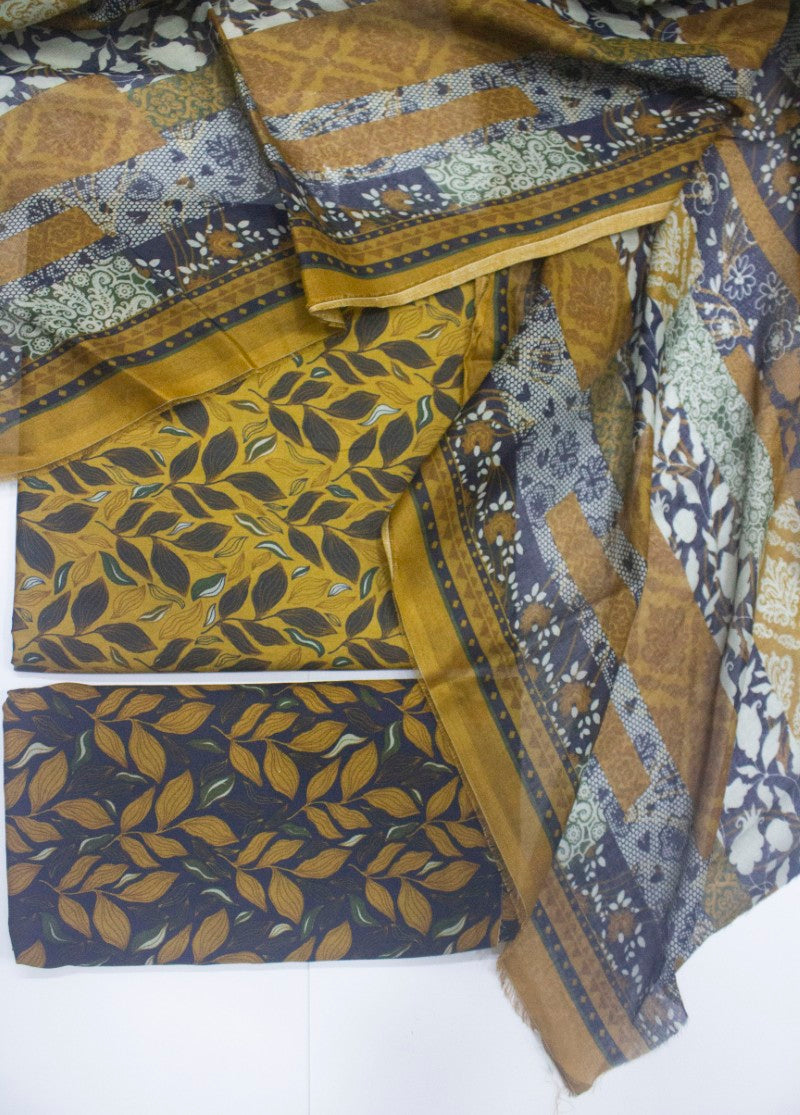 3 Piece Printed Mustard & Blue Color Unstitched Suit