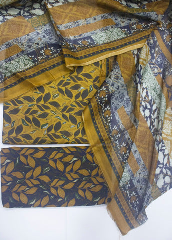3 Piece Printed Mustard & Blue Color Unstitched Suit