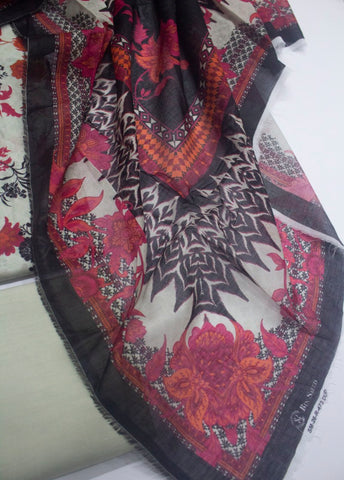 3 Piece Printed Off White Color Unstitched Suit