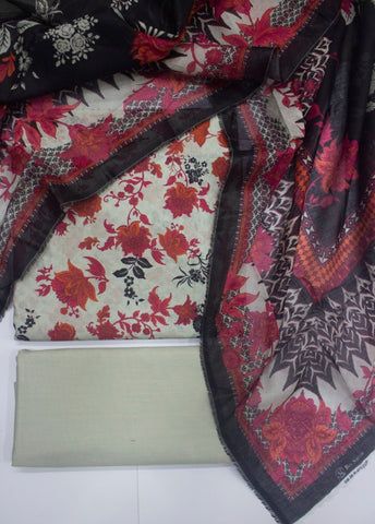 3 Piece Printed Off White Color Unstitched Suit