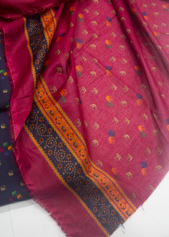 3 Piece Printed Navy Blue Color Unstitched Suit