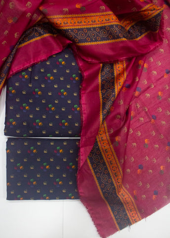 3 Piece Printed Navy Blue Color Unstitched Suit