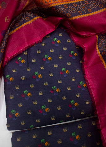 3 Piece Printed Navy Blue Color Unstitched Suit