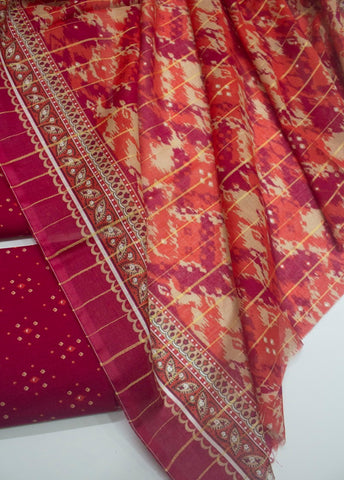 3 Piece Printed Red Color Unstitched Suit
