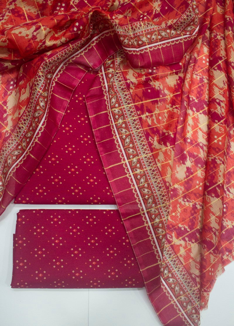 3 Piece Printed Red Color Unstitched Suit