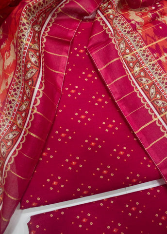 3 Piece Printed Red Color Unstitched Suit