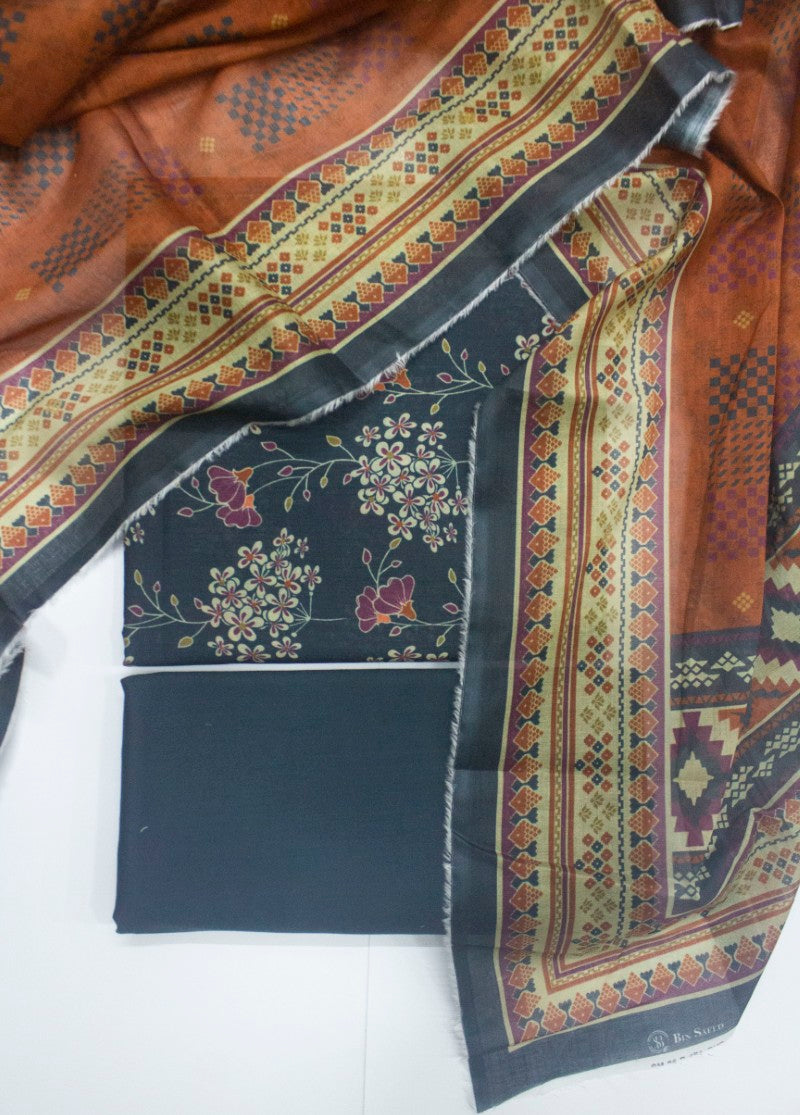 3 Piece Printed Teal Color Unstitched Suit