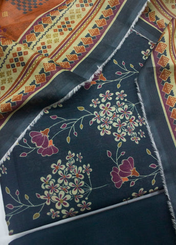 3 Piece Printed Teal Color Unstitched Suit