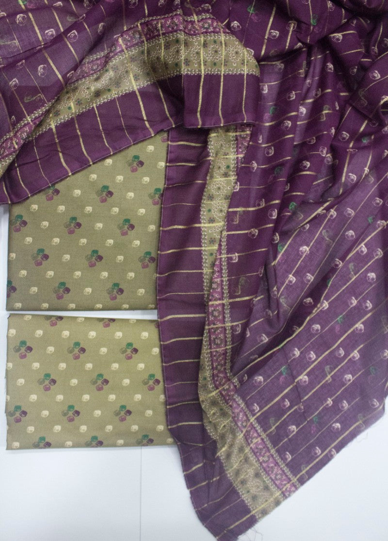 3 Piece Printed Pista Green Color Unstitched Suit