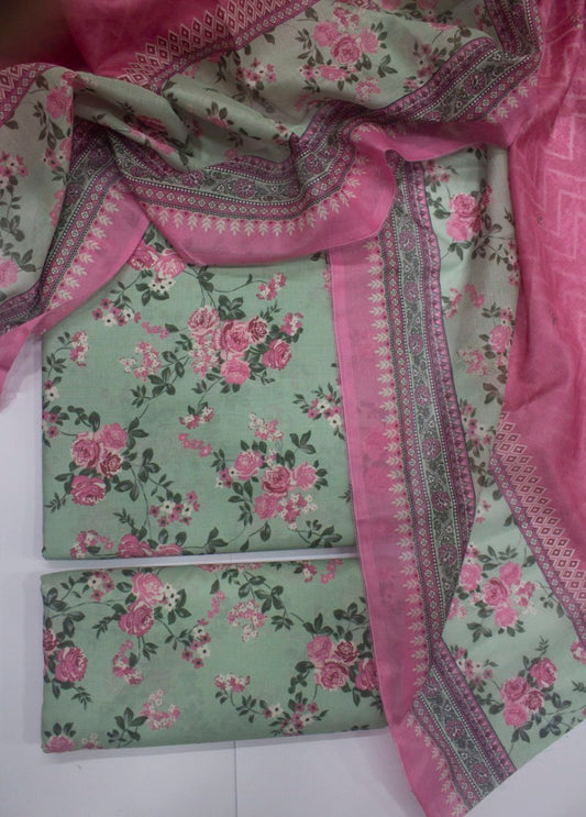 3 Piece Printed Mint Green Color Unstitched Suit