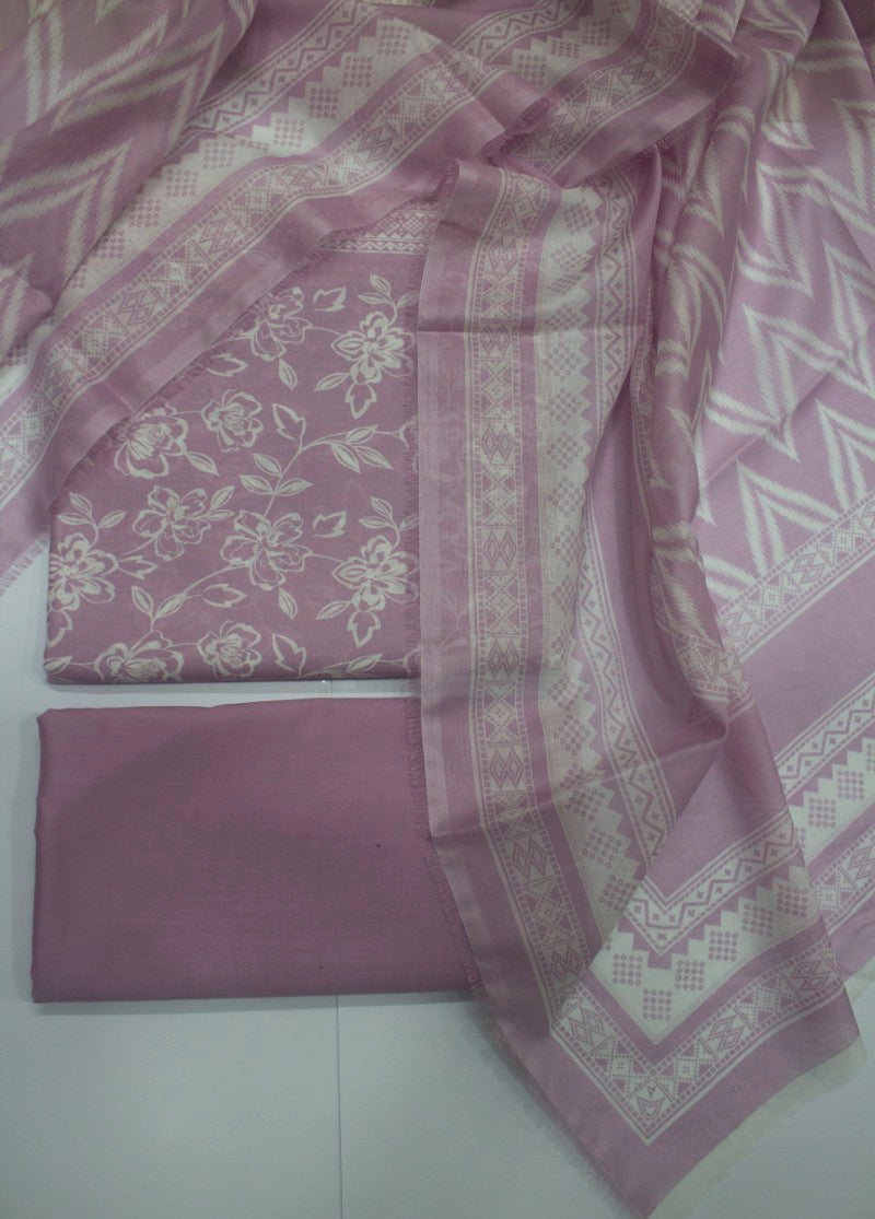 3 Piece Printed Muave Color Unstitched Suit
