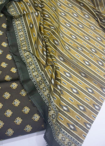 3 Piece Printed Olive Green Color Unstitched Suit