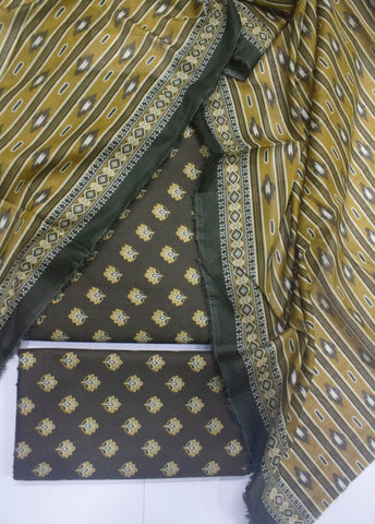 3 Piece Printed Olive Green Color Unstitched Suit
