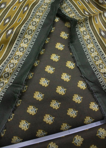 3 Piece Printed Olive Green Color Unstitched Suit