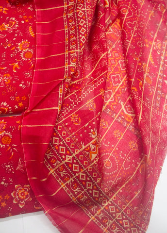 3 Piece Printed Red Color Unstitched Suit