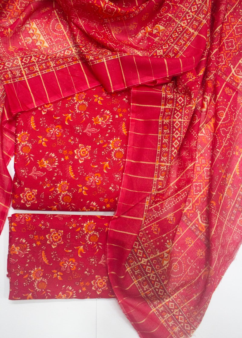 3 Piece Printed Red Color Unstitched Suit