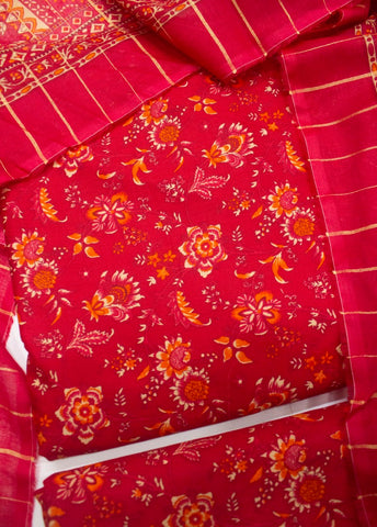 3 Piece Printed Red Color Unstitched Suit