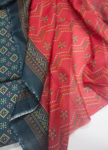 3 Piece Printed Teal Color Unstitched Suit