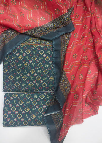 3 Piece Printed Teal Color Unstitched Suit