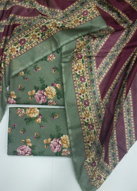 3 Piece Printed Seafoam Green Color Unstitched Suit