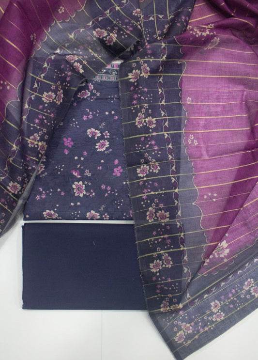 3 Piece Printed Purple Color Unstitched Suit