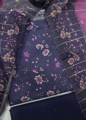 3 Piece Printed Purple Color Unstitched Suit