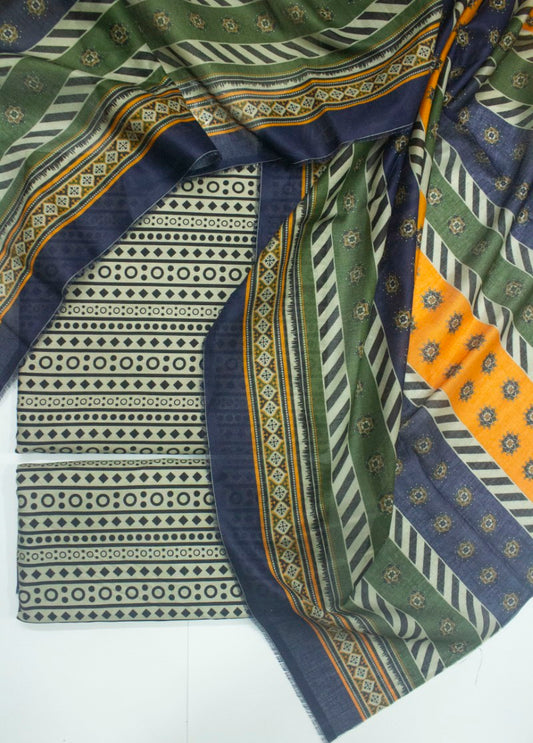3 Piece Printed Black & Beige Color Unstitched Suit