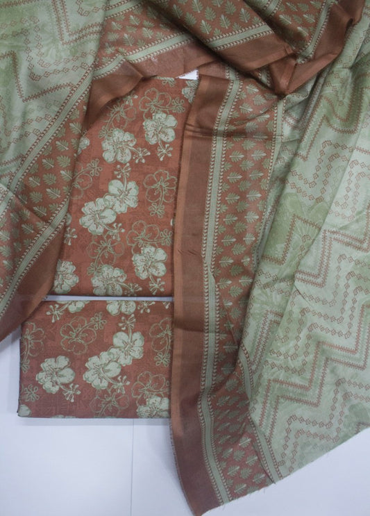 3 Piece Printed Rust Color Unstitched Suit