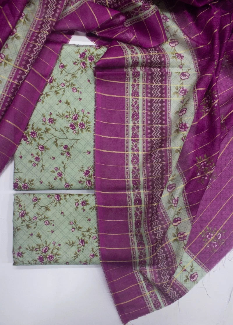 3 Piece Printed Mint Green Color Unstitched Suit