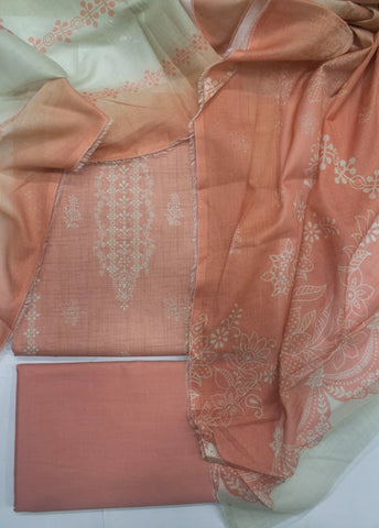 3 Piece Printed Peach Color Unstitched Suit