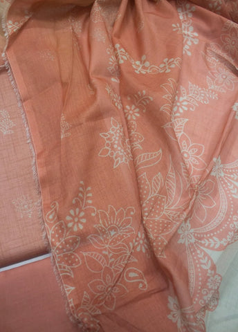 3 Piece Printed Peach Color Unstitched Suit