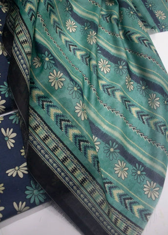 3 Piece Printed Navy Blue Color Unstitched Suit