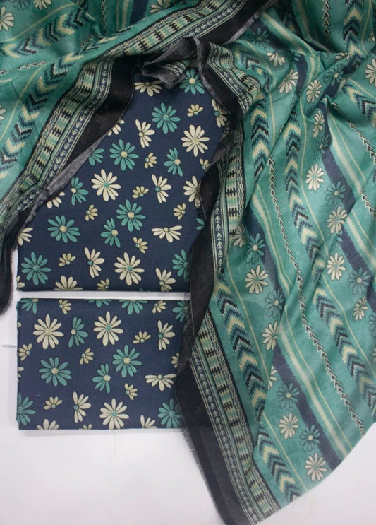 3 Piece Printed Navy Blue Color Unstitched Suit