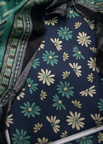 3 Piece Printed Navy Blue Color Unstitched Suit