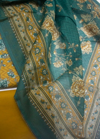 3 Piece Printed Yellow Color Unstitched Suit