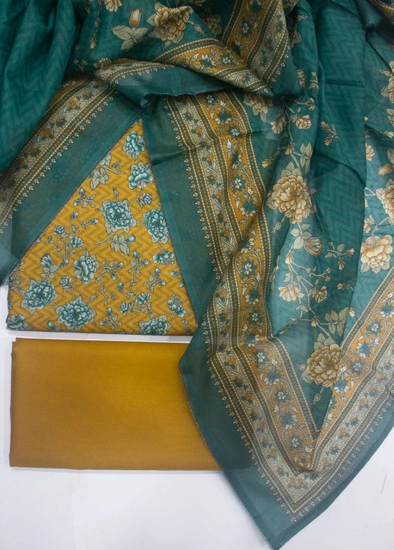3 Piece Printed Yellow Color Unstitched Suit