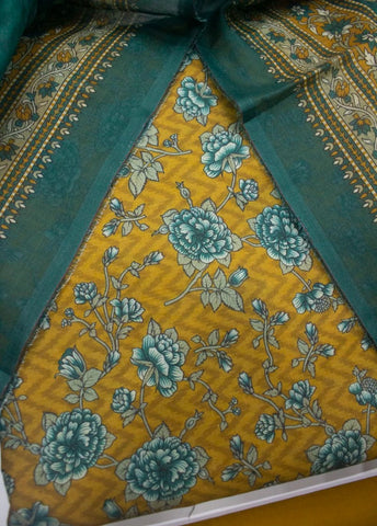 3 Piece Printed Yellow Color Unstitched Suit