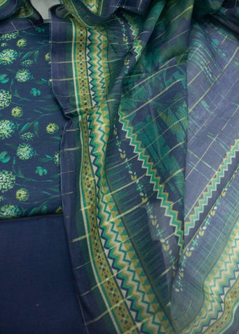 3 Piece Printed Navy Blue Color Unstitched Suit