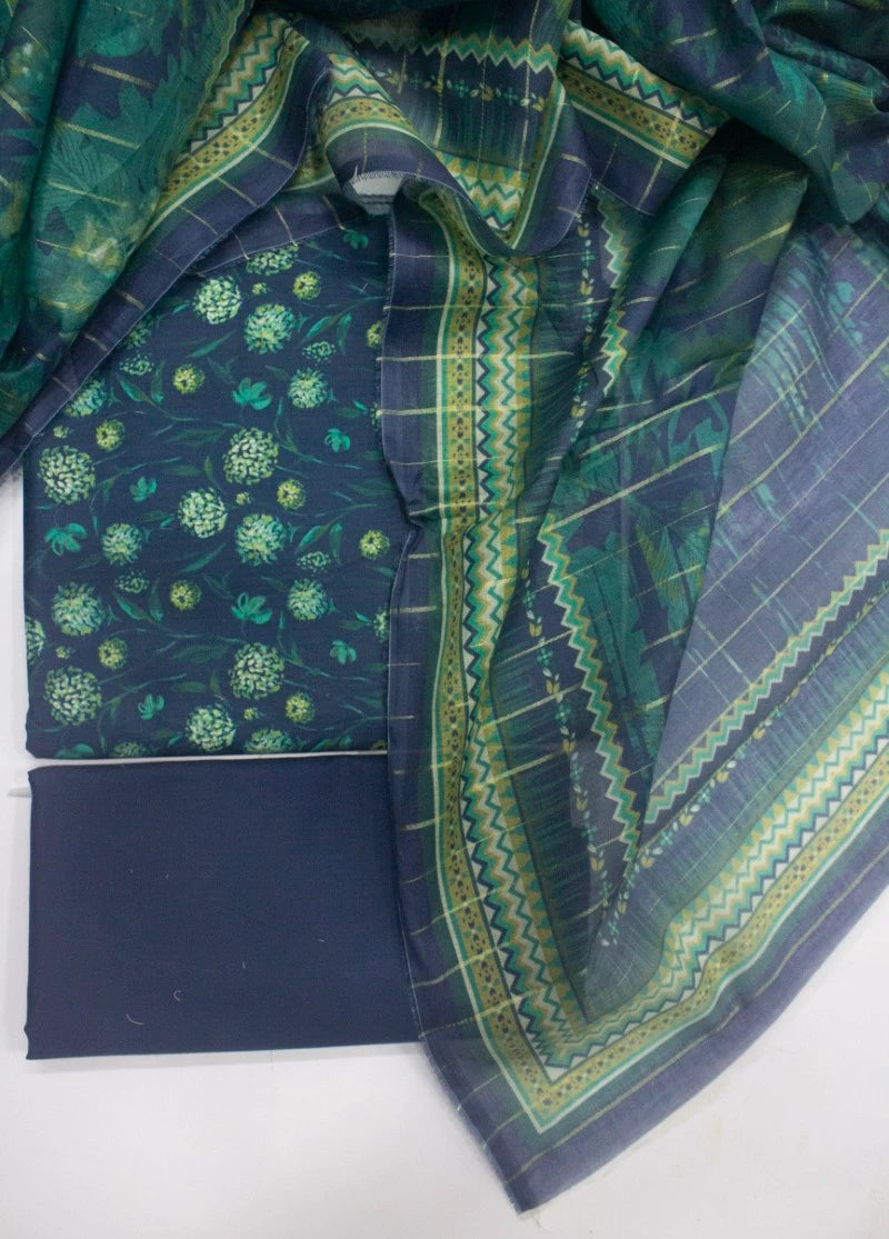 3 Piece Printed Navy Blue Color Unstitched Suit